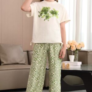 Green Floral Tee & Wide-Leg Pants Set