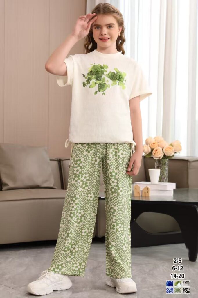 Green Floral Tee & Wide-Leg Pants Set